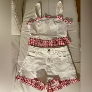 White and Red Kids Shorts with Ruffle Trim